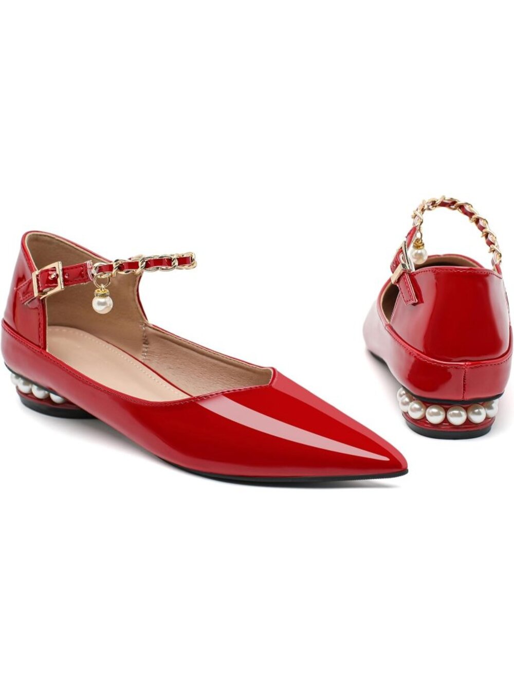 Women's Red Rhinestone Pointed Toe Non Slip Comfort Breathable Mary Jane Flats - Picture 4 of 5